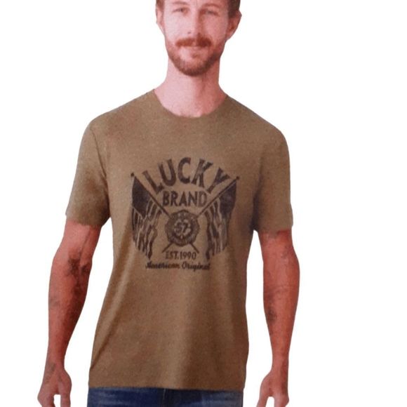 Lucky Brand Graphic Tee Burnt Olive with Two Flags Short‎ Sleeves size L - Picture 1 of 2
